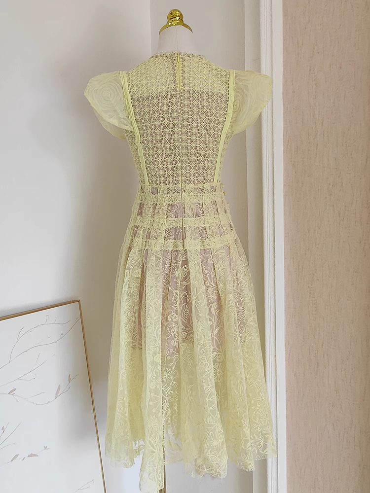 Cute A line Scoop Yellow Short Sleeves Lace Vacation Dress Women Dresses