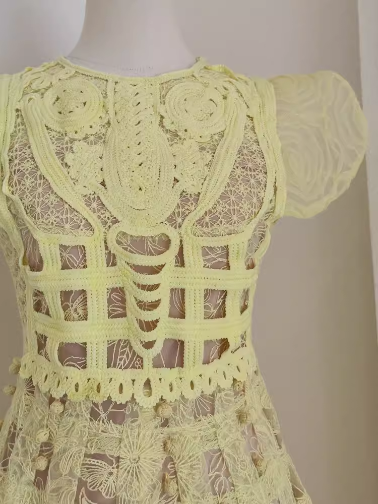Cute A line Scoop Yellow Short Sleeves Lace Vacation Dress Women Dresses