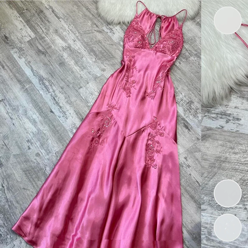 Sexy Mermaid Spaghetti Straps Pink Satin Backless Long Evening Dress Prom Dresses