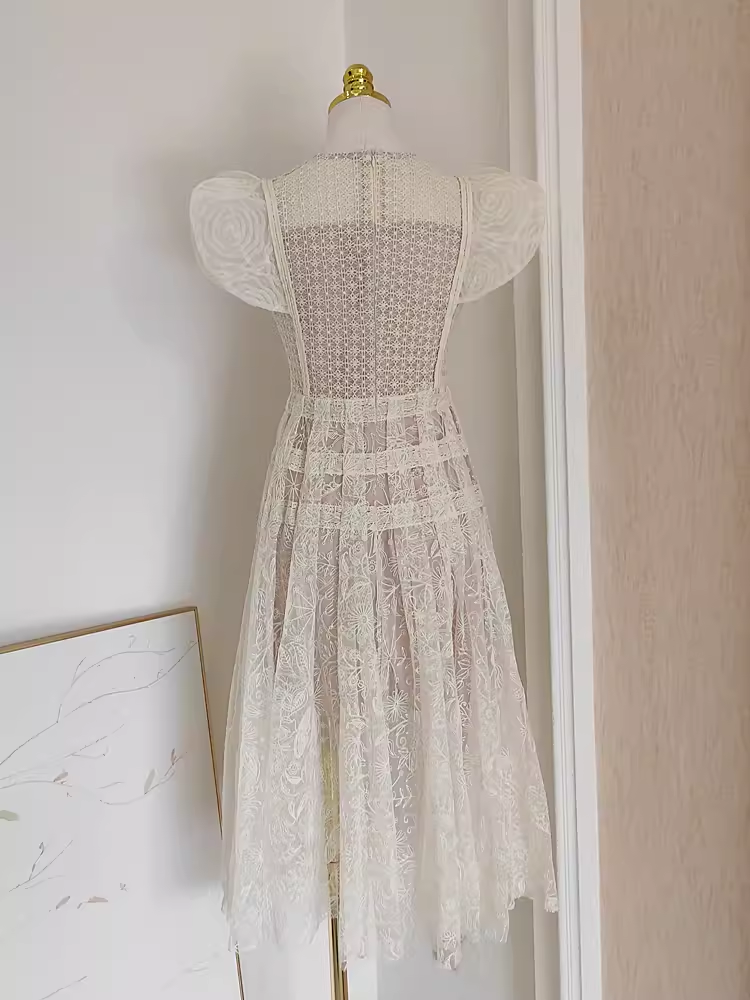 Cute A line Scoop Champagne Short Sleeves Lace Vacation Dress Women Dresses