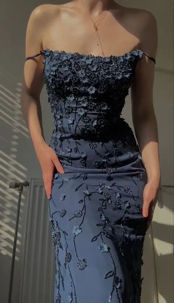 Sexy Mermaid Spaghetti Straps Satin Navy Blue Floral Long Evening Dress Prom Dresses