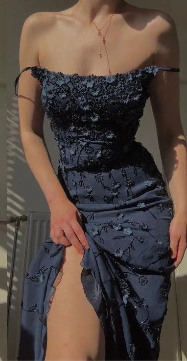 Sexy Mermaid Spaghetti Straps Satin Navy Blue Floral Long Evening Dress Prom Dresses