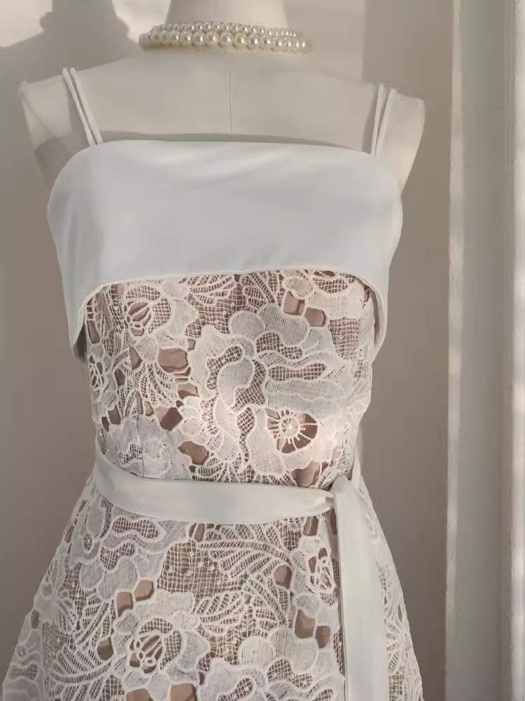 Cute A line Spaghetti Straps Champagne Lace Vacation Dress Women Dresses
