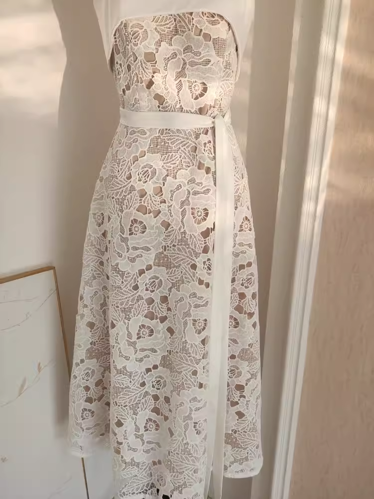 Cute A line Spaghetti Straps Champagne Lace Vacation Dress Women Dresses