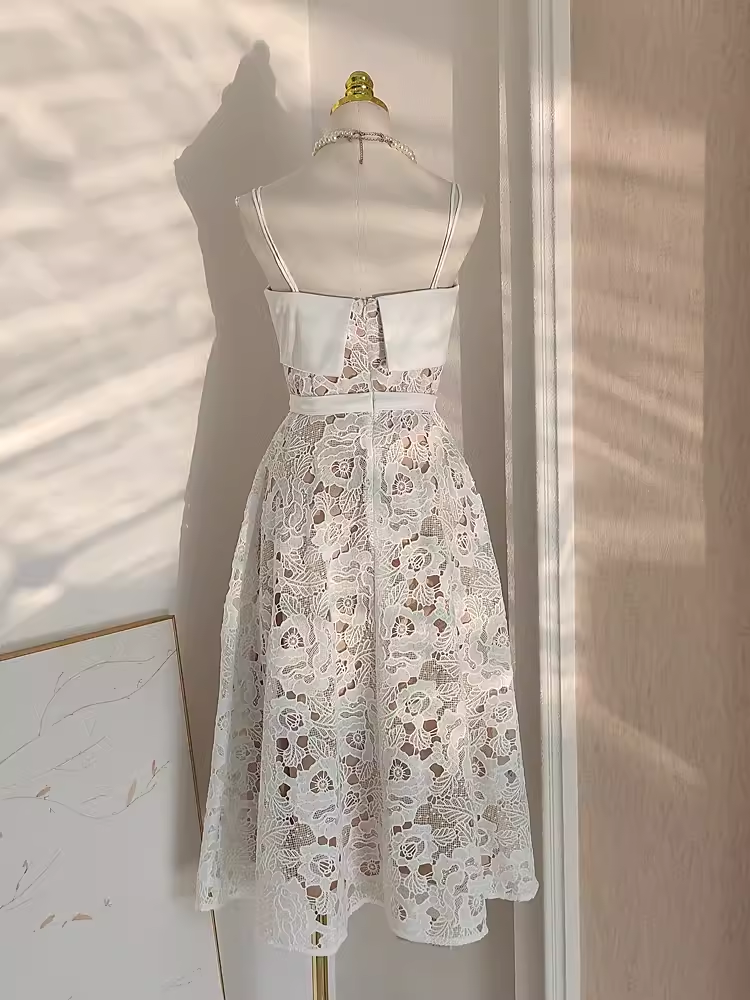 Cute A line Spaghetti Straps Champagne Lace Vacation Dress Women Dresses