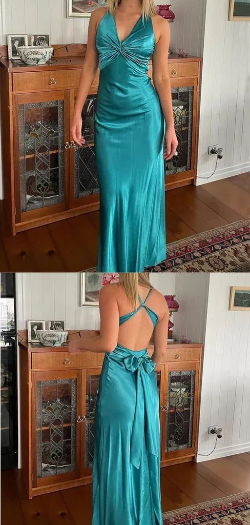 Elegant Sexy V-neck Sleeveless Mermaid Satin Evening Prom Dresses