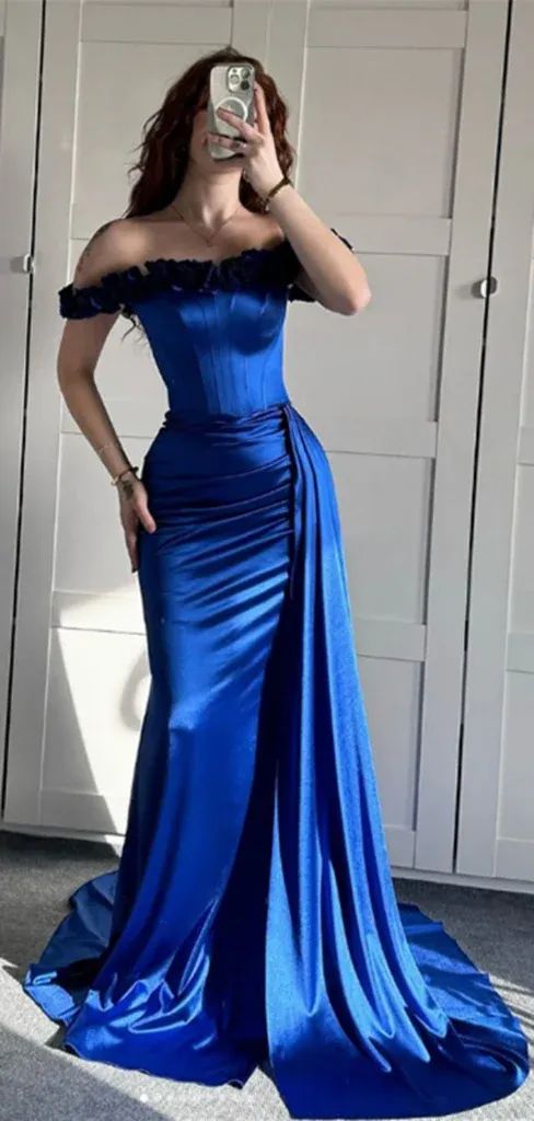 Sexy Off-shoulder Sleeveless Mermaid Satin Evening Prom Dresses