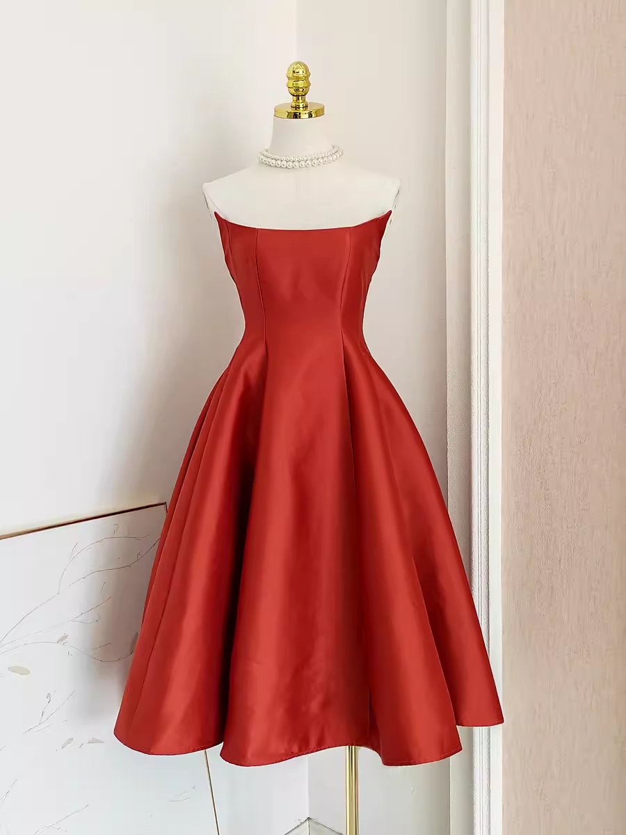 Cute A line Strapless Rust Red Vacation Dress Satin Women Dresses
