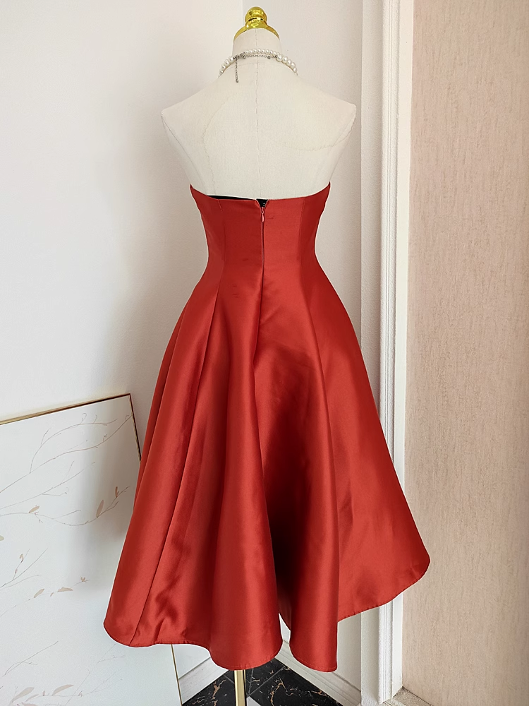 Cute A line Strapless Rust Red Vacation Dress Satin Women Dresses