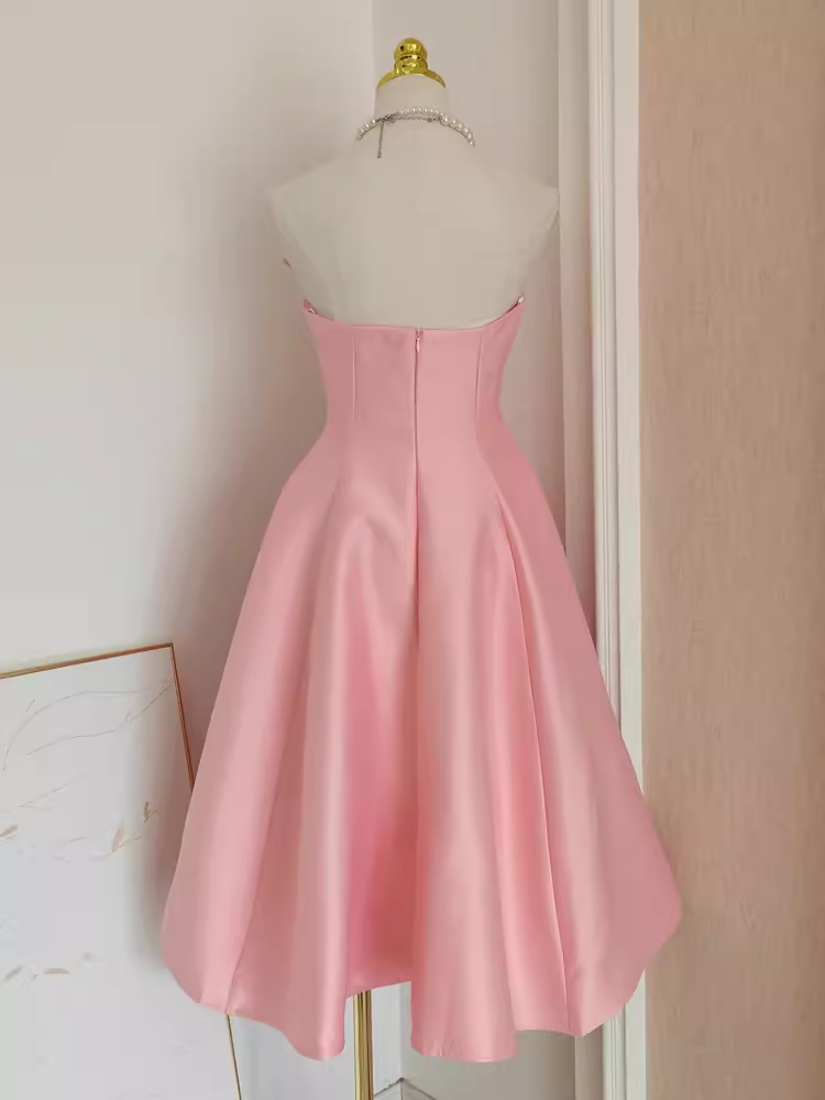 Cute A line Strapless Pink Vacation Dress Satin Women Dresses