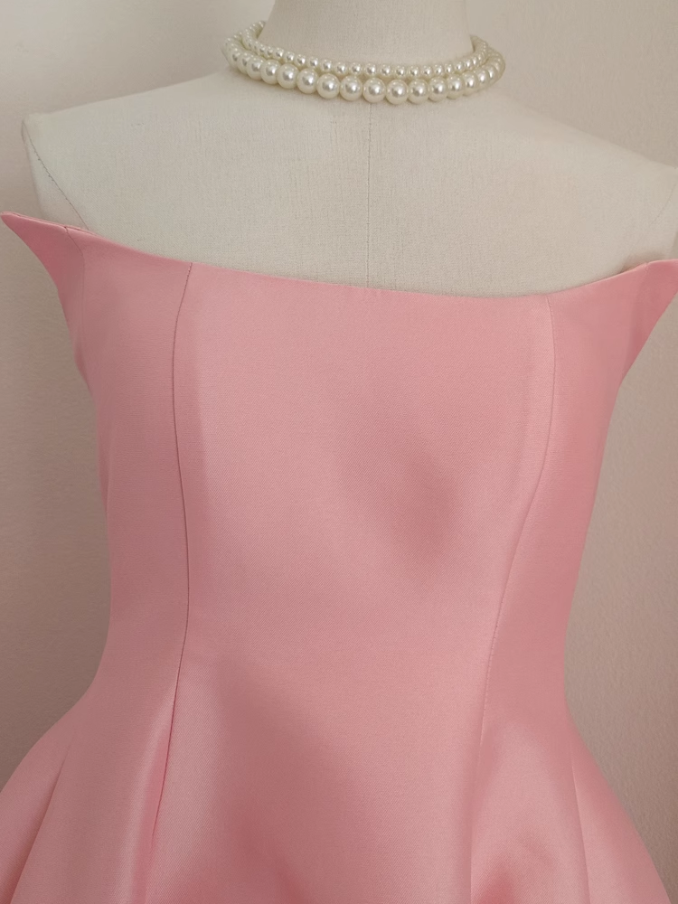 Cute A line Strapless Pink Vacation Dress Satin Women Dresses