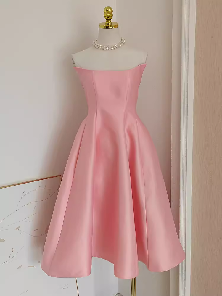 Cute A line Strapless Pink Vacation Dress Satin Women Dresses