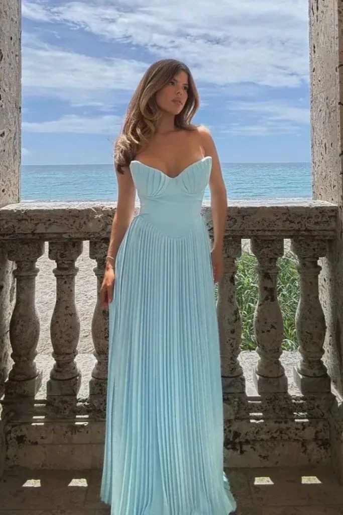 Sweetheart Sleeveless Chiffon Blue A-line Long Evening Prom Dresses