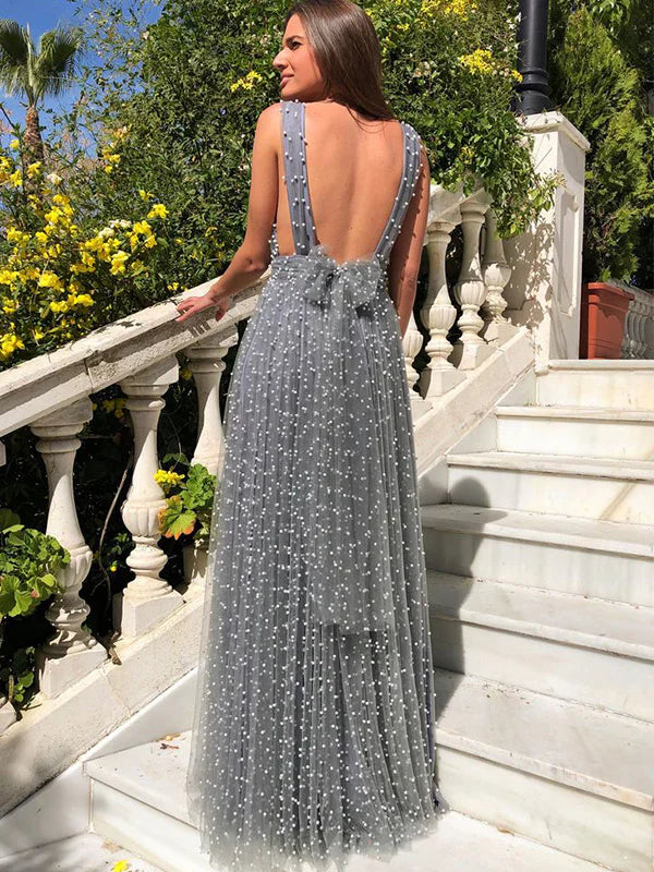 Unique V-neck Sleeveless A-line Satin Evening Prom Dresses