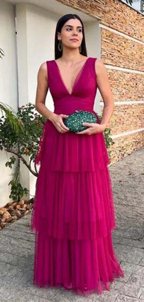 Formal V-neck Sleeveless A-line Tulle Ruffles Evening Prom Dresses