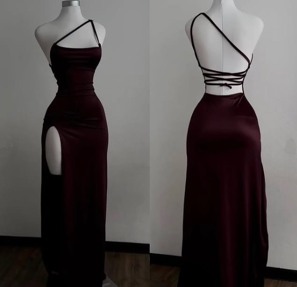 Sexy Mermaid One Shoulder Floor Length Burgundy Backless Evening Dress Prom Dresses