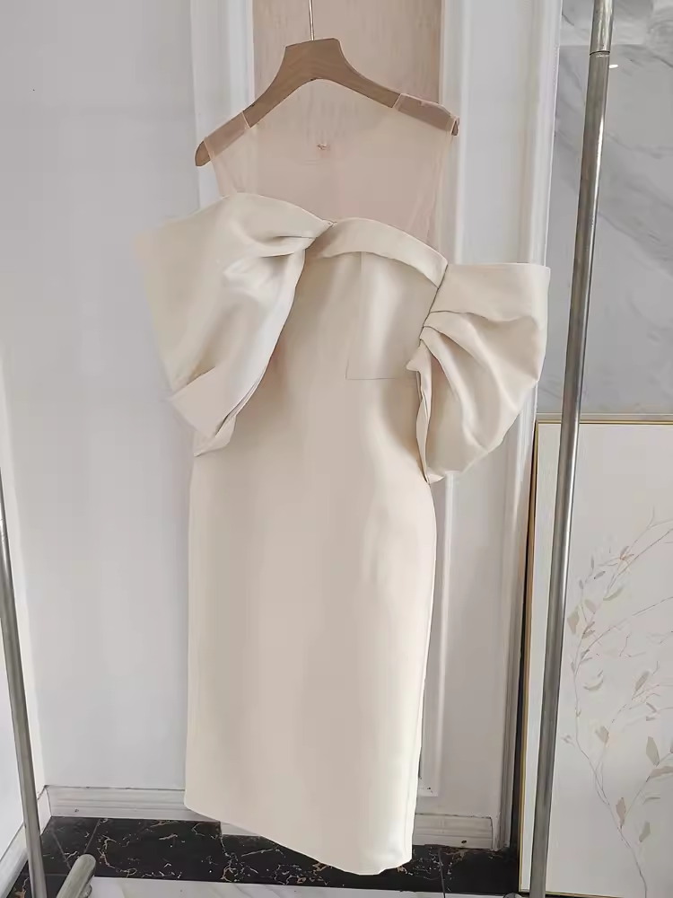 Sexy Sheath Strapless Ivory Vacation Dress Satin Women Dresses