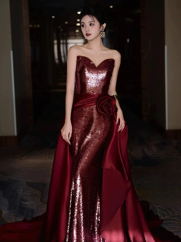 Modest Mermaid Sweetheart Burgundy Floor Length Evening Dress Sequin Prom Dresses