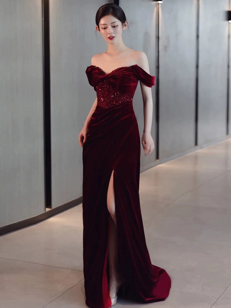Sexy Sheath Off The Shoulder Burgundy Velvet Floor Length Evening Dress Prom Dresses