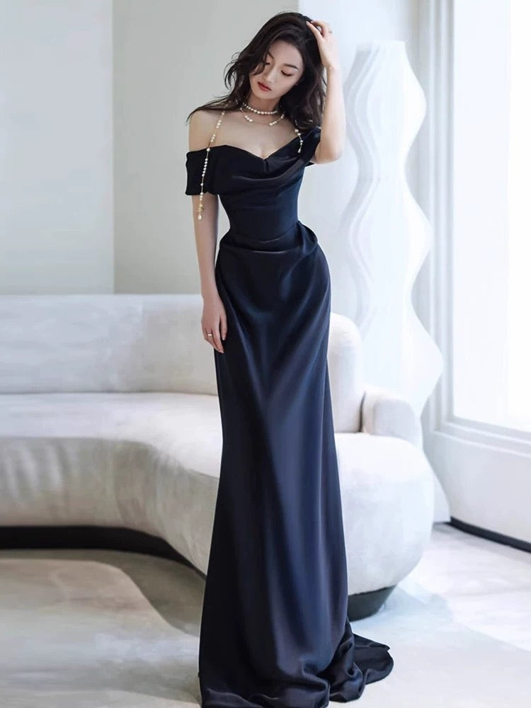 Sexy Sheath Off The Shoulder Navy Blue Satin Floor Length Evening Dress Prom Dresses