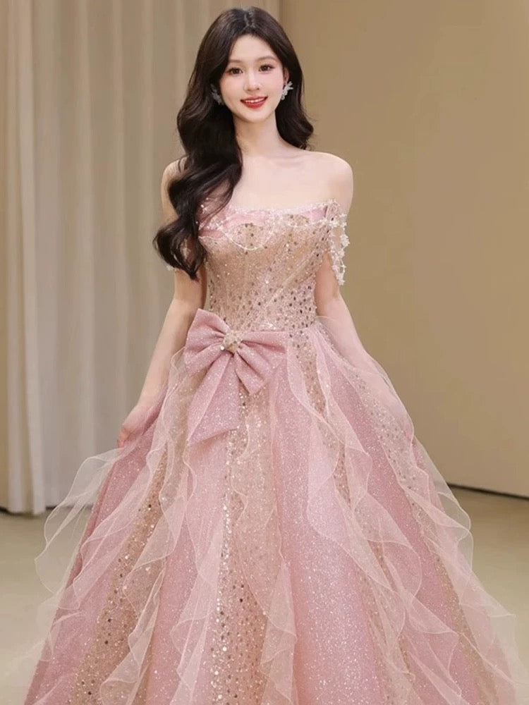 Pretty A Line Off The Shoulder Tulle Pink Floor Length Evening Dress Prom Dresses