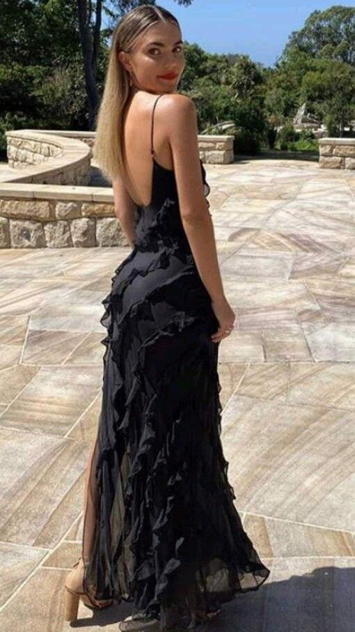 Sexy Mermaid Spaghetti Straps Floor Length Black Chiffon Evening Dress Prom Dresses