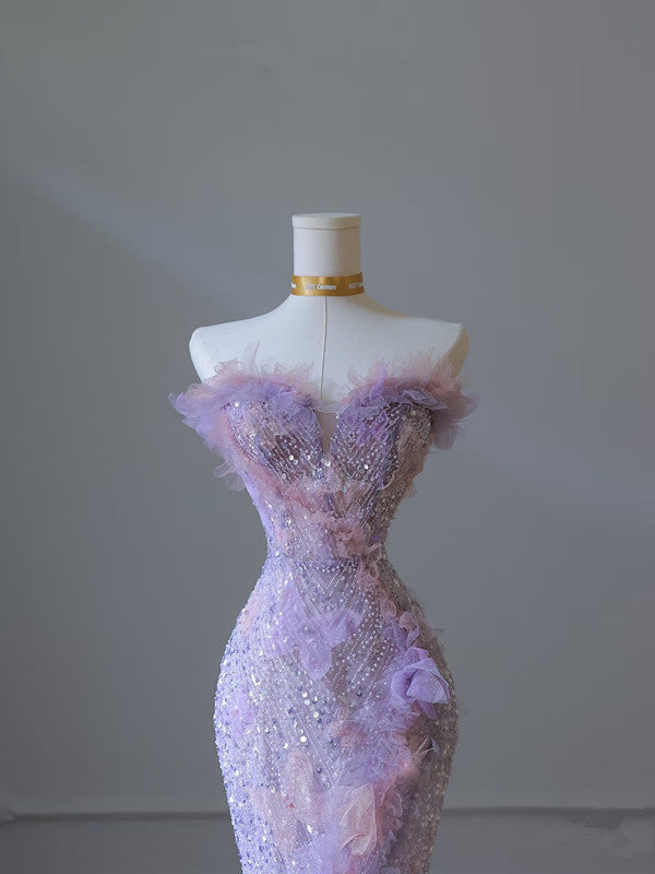 Modest Mermaid Sweetheart Lilac Tulle Sequin Flowers Evening Dress Prom Dresses
