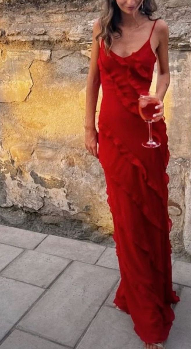 Sexy Mermaid Spaghetti Straps Floor Length Red Chiffon Evening Dress Prom Dresses