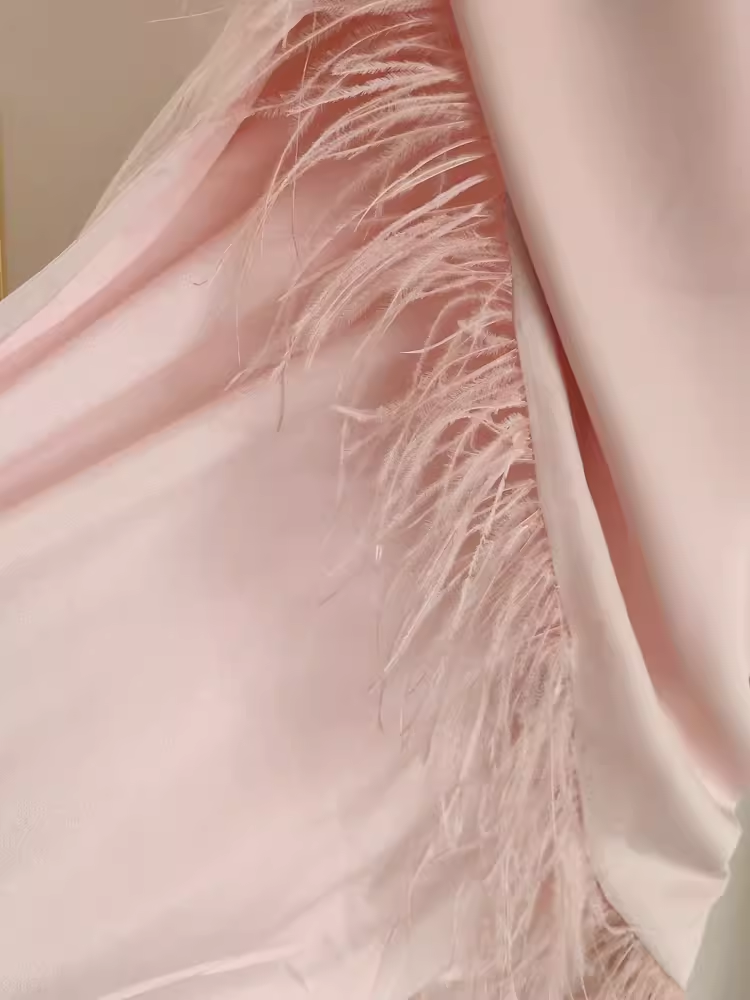 Sexy Sheath One Shoulder Pink Vacation Dress Satin Women Dresses WIth Feather