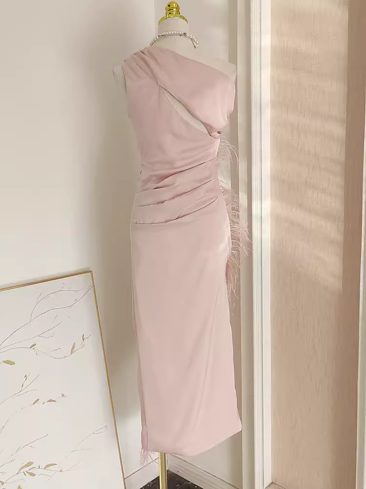Sexy Sheath One Shoulder Pink Vacation Dress Satin Women Dresses WIth Feather