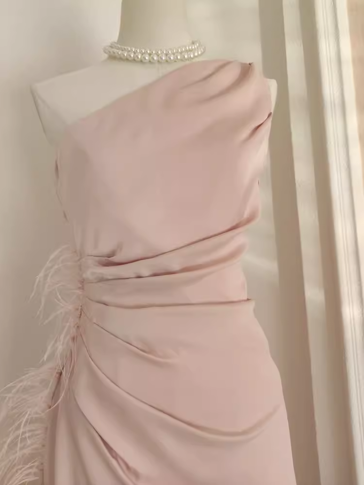 Sexy Sheath One Shoulder Pink Vacation Dress Satin Women Dresses WIth Feather