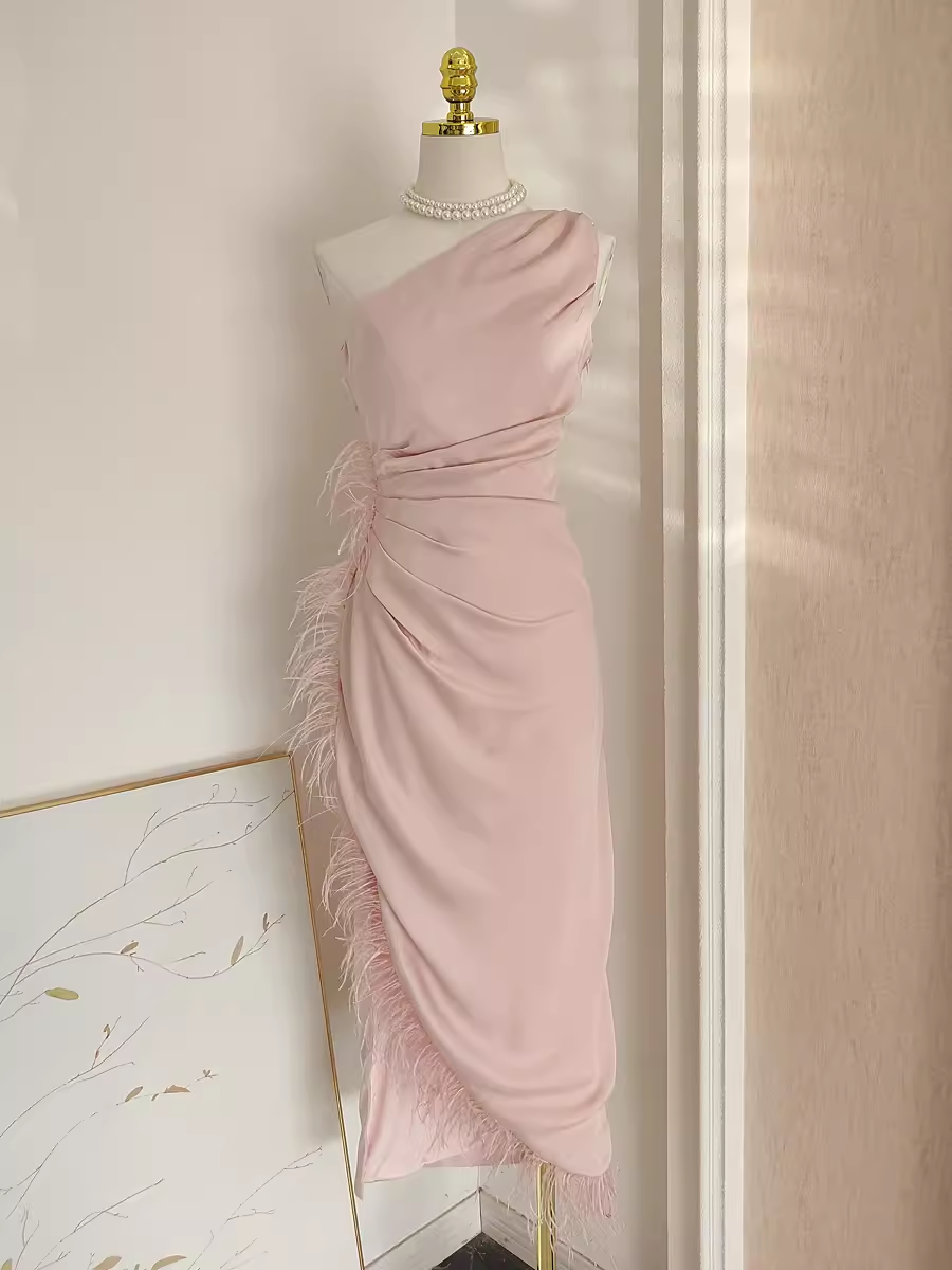 Sexy Sheath One Shoulder Pink Vacation Dress Satin Women Dresses WIth Feather