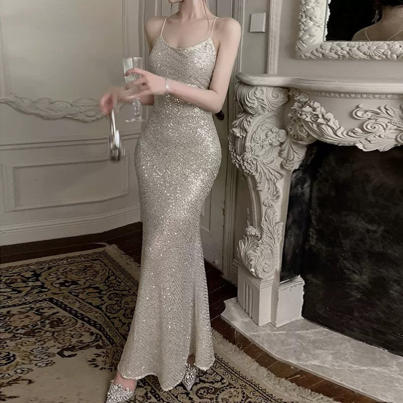 Sexy Mermaid Spaghetti Straps Sequin Floor Length Evening Dress Prom Dresses