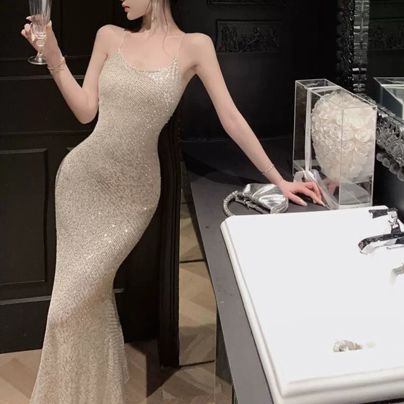 Sexy Mermaid Spaghetti Straps Sequin Floor Length Evening Dress Prom Dresses