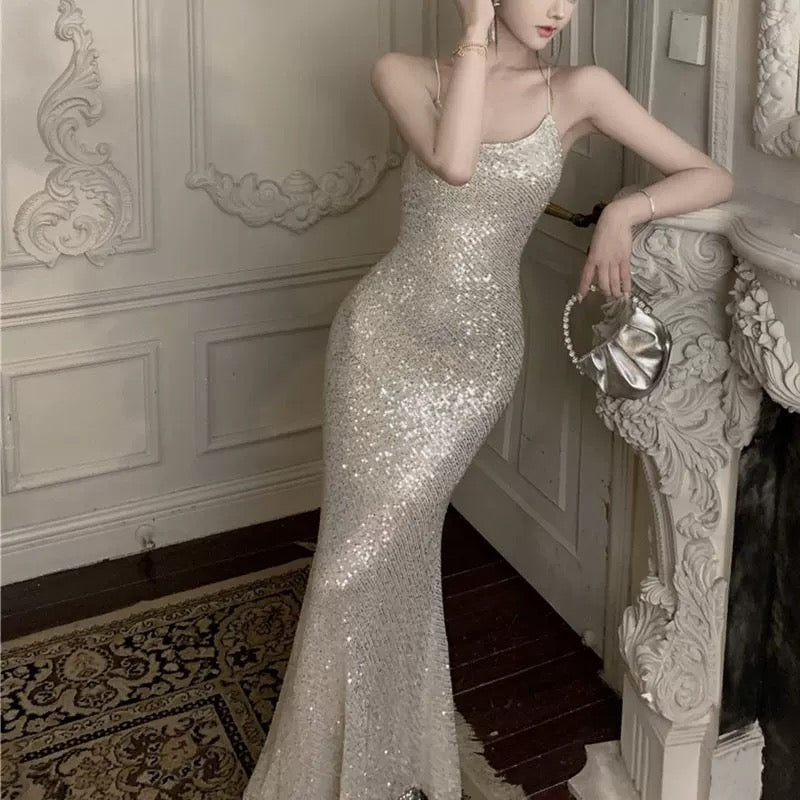 Sexy Mermaid Spaghetti Straps Sequin Floor Length Evening Dress Prom Dresses