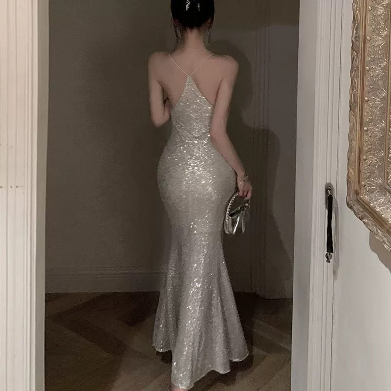 Sexy Mermaid Spaghetti Straps Sequin Floor Length Evening Dress Prom Dresses