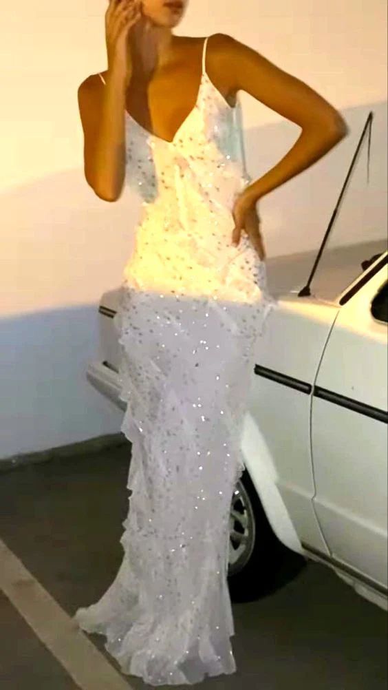 Sexy Mermaid Spaghetti Straps Floor Length Sequin White Evening Dress Prom Dresses