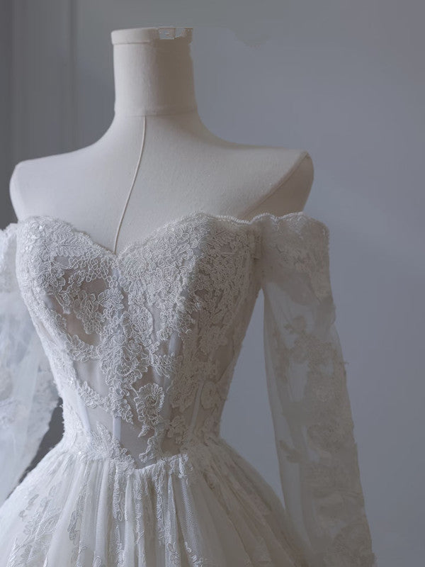 Princess A line Off The Shoulder White Lace Long Wedding Dresses Brides Dress