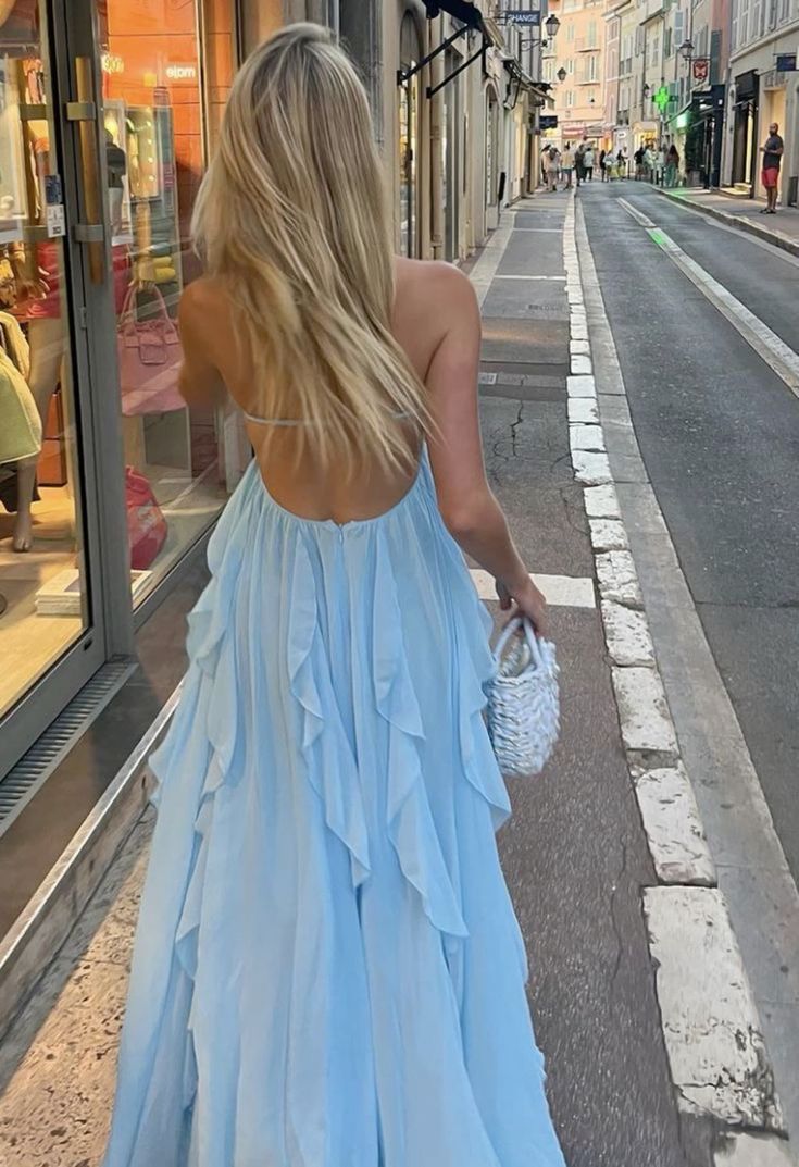 Sexy A Line Halter Blue Chiffon Backless Long Evening Dress Prom Dresses