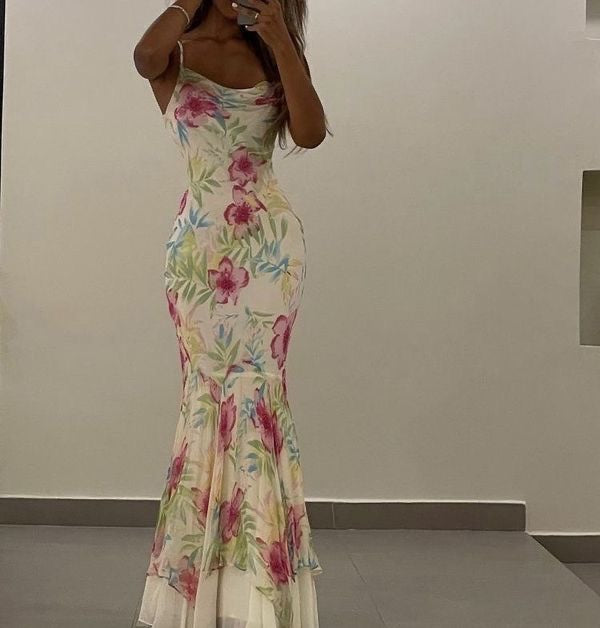 Sexy Mermaid Spaghetti Straps Floor Length Floral Yellow Evening Dress Prom Dresses