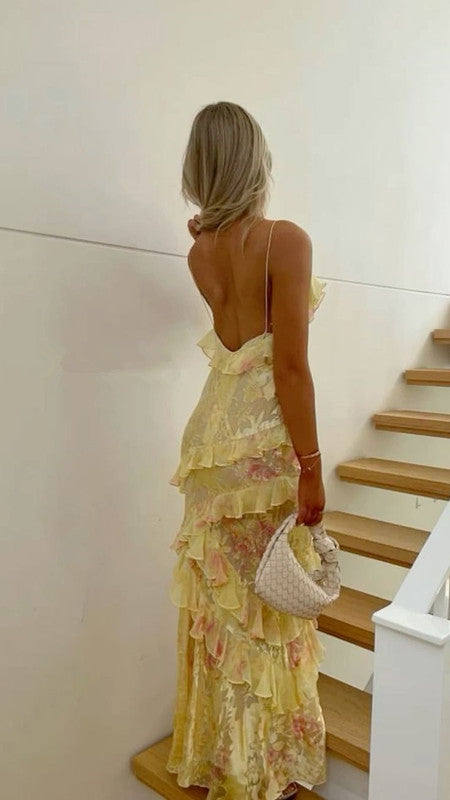Sexy Mermaid Spaghetti Straps Floor Length Floral Yellow Chiffon Evening Dress Prom Dresses