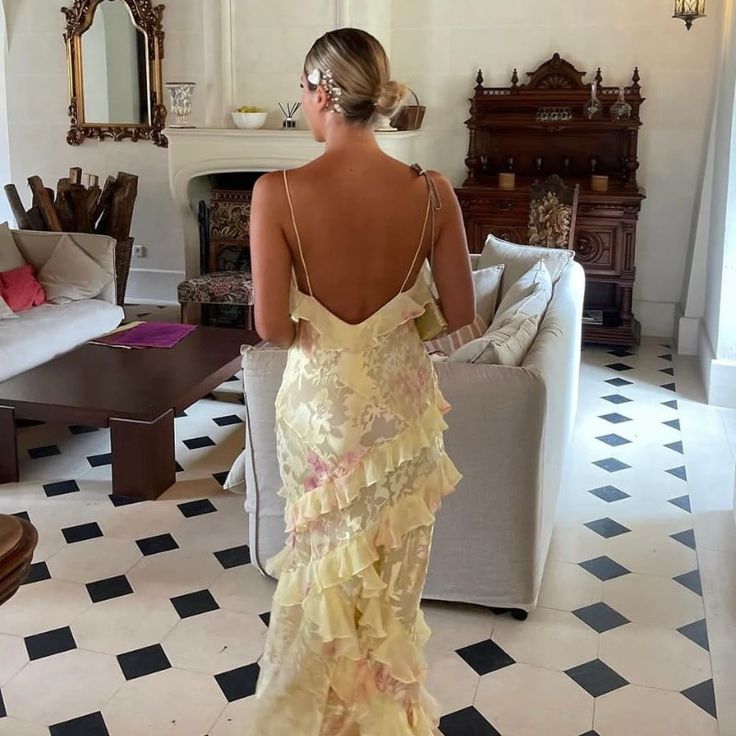 Sexy Mermaid Spaghetti Straps Floor Length Floral Yellow Chiffon Evening Dress Prom Dresses
