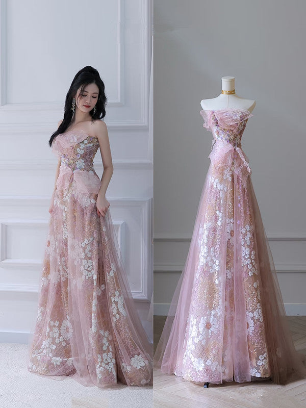 Modest A Line Strapless Pink Tulle Flowers Evening Dress Prom Dresses