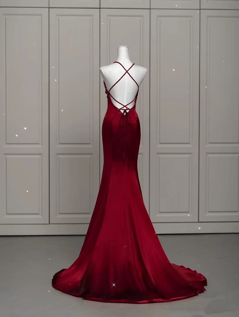 Sexy Mermaid Spaghetti Straps Floor Length Burgundy Satin Backless Prom Dresses