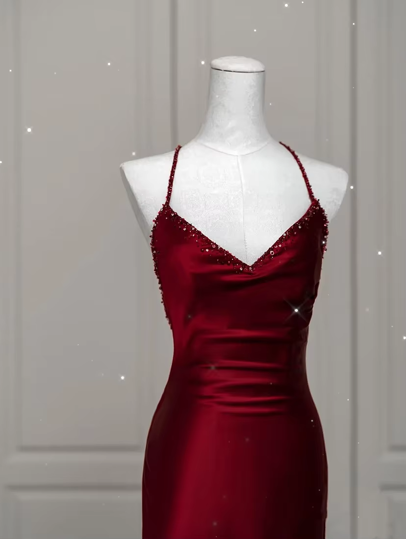 Sexy Mermaid Spaghetti Straps Floor Length Burgundy Satin Backless Prom Dresses