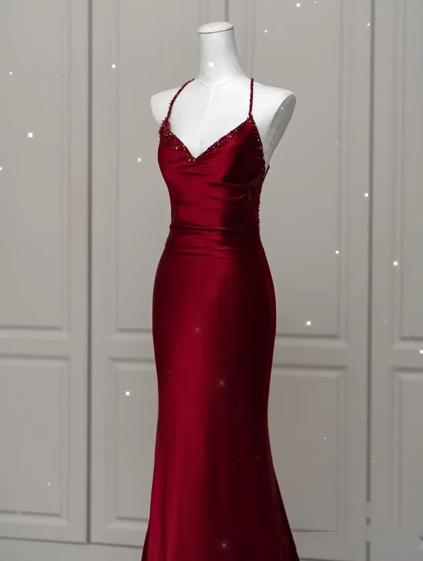 Sexy Mermaid Spaghetti Straps Floor Length Burgundy Satin Backless Prom Dresses
