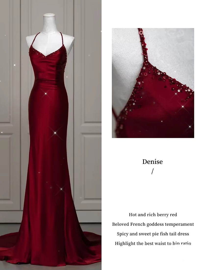 Sexy Mermaid Spaghetti Straps Floor Length Burgundy Satin Backless Prom Dresses