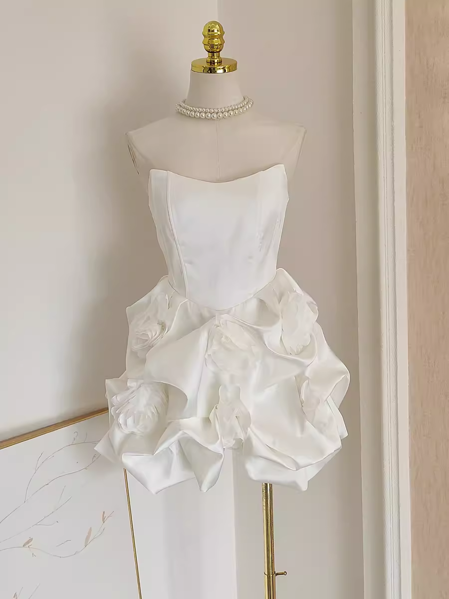 Cute A line Sweetheart White Satin Holiday Dresses Short Birthday Dress Pleated Three-dimensional Flowers