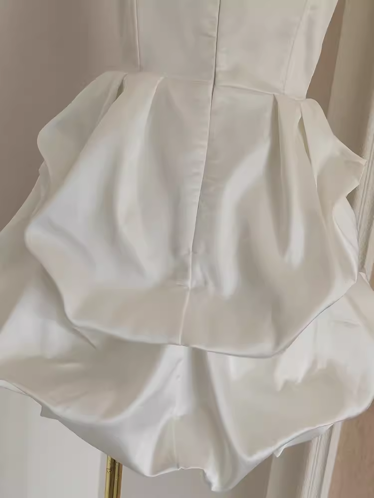 Cute A line Sweetheart White Satin Holiday Dresses Short Birthday Dress Pleated Three-dimensional Flowers
