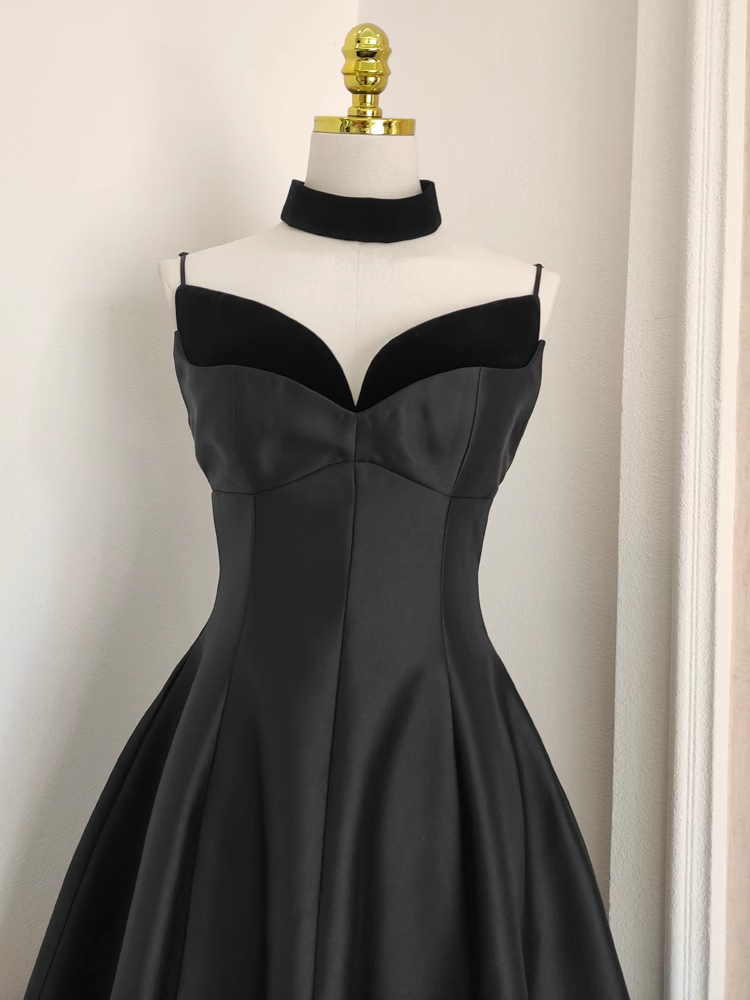 Sexy A line Spaghetti Straps Black Vacation Dress Satin Women Dresses